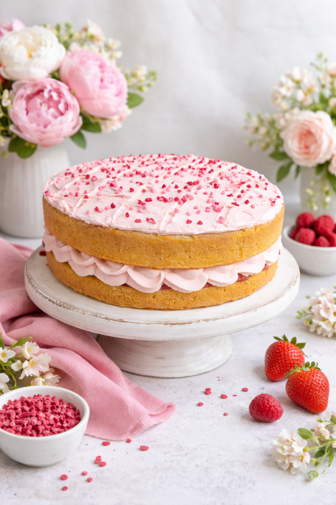 cake display of a strawberry sponge cake fresh from The Fab Food Bakery Co Ltd